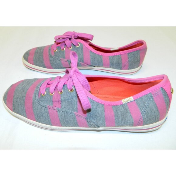 Keds Womens Kate Spade Striped Sneakers Size 7 Pink & Gray Canvas Lace-Up - Picture 4 of 10